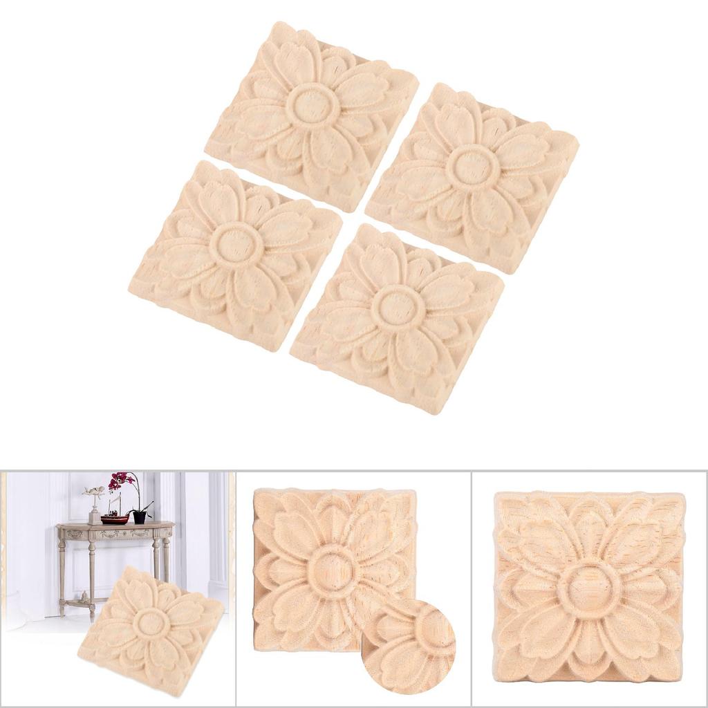 4Pcs Carved Flower Square Onlay Applique Door Cabinet Unpainted Furniture Decor(#2)