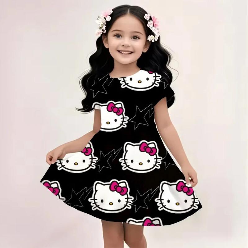 Popula Children's New Fashion Kawaii Girl Dress Cartoon Cute Hello Kitty 3D Printed Princess Dress Short Dress