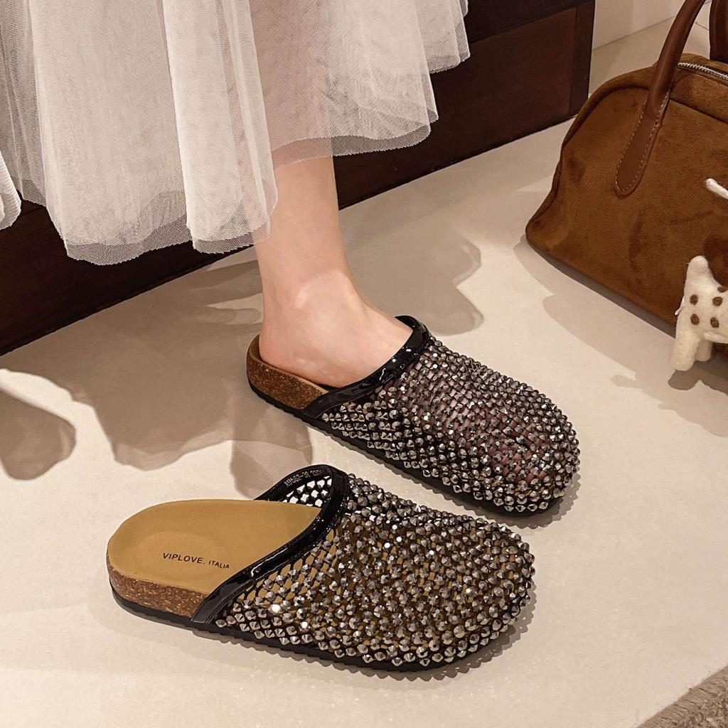 Rhinestone Mesh Bag Head Half Slippers Women's Outer Wear Summer New Fashion Versatile Lazy One Pedal Cool Slippers