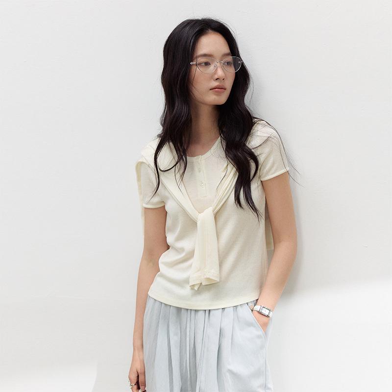 Summer Tencel Acetate Linen Short-Sleeve Women's New Knitted Slim-Fit Top