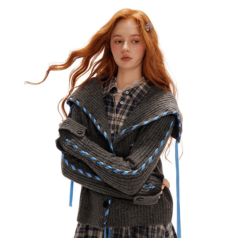 

UNIFREE Women s Loose Fit Hooded Knitted Cardigan with Color-Block Streamers One Size