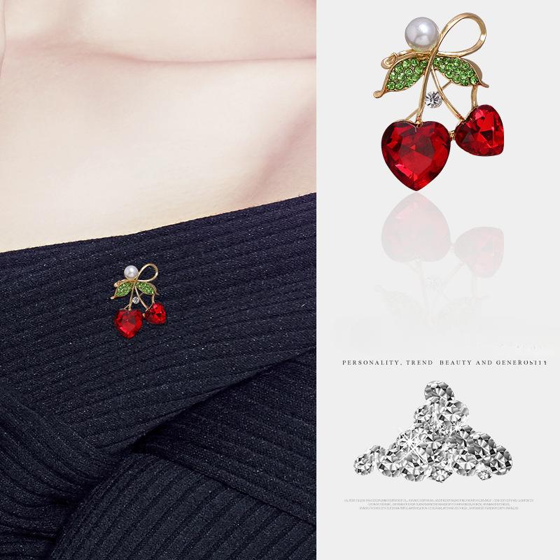 Crystal Cherry Brooch Red Strawberry Cute Fruit Pin Brooch Accessories