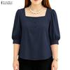 ZANZEA Women Square Collar Solid Color Casual 3/4 Sleeve Blouse