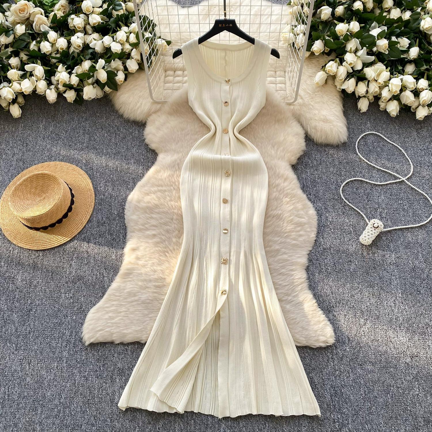 

Летние женские элегантные вязаные свитера без рукавов на металлических пуговицах, длинные платья-пуловеры макси для вечеринок One Size бежевый