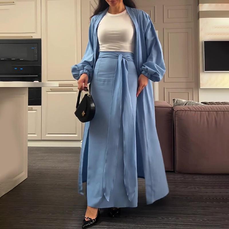 2026 Spring European & American V-neck Long Sleeve Casual Fashion Long Skirt Two-piece Set