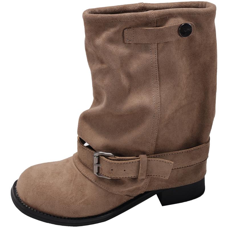 Fashion Vintage Thick Heel Women Western Cowboy Boots Fashion Belt Buckle Slip On Shoes Ladies Pleated Short Booties Autumn Winter