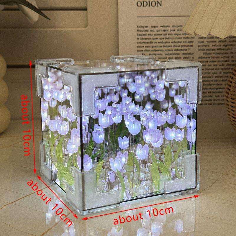 3D Mirror Night Light With Tulip Flower Sea Design, Diy Handmade Night Light Ornament, Small Gift 3D Tulip Diy Night Light