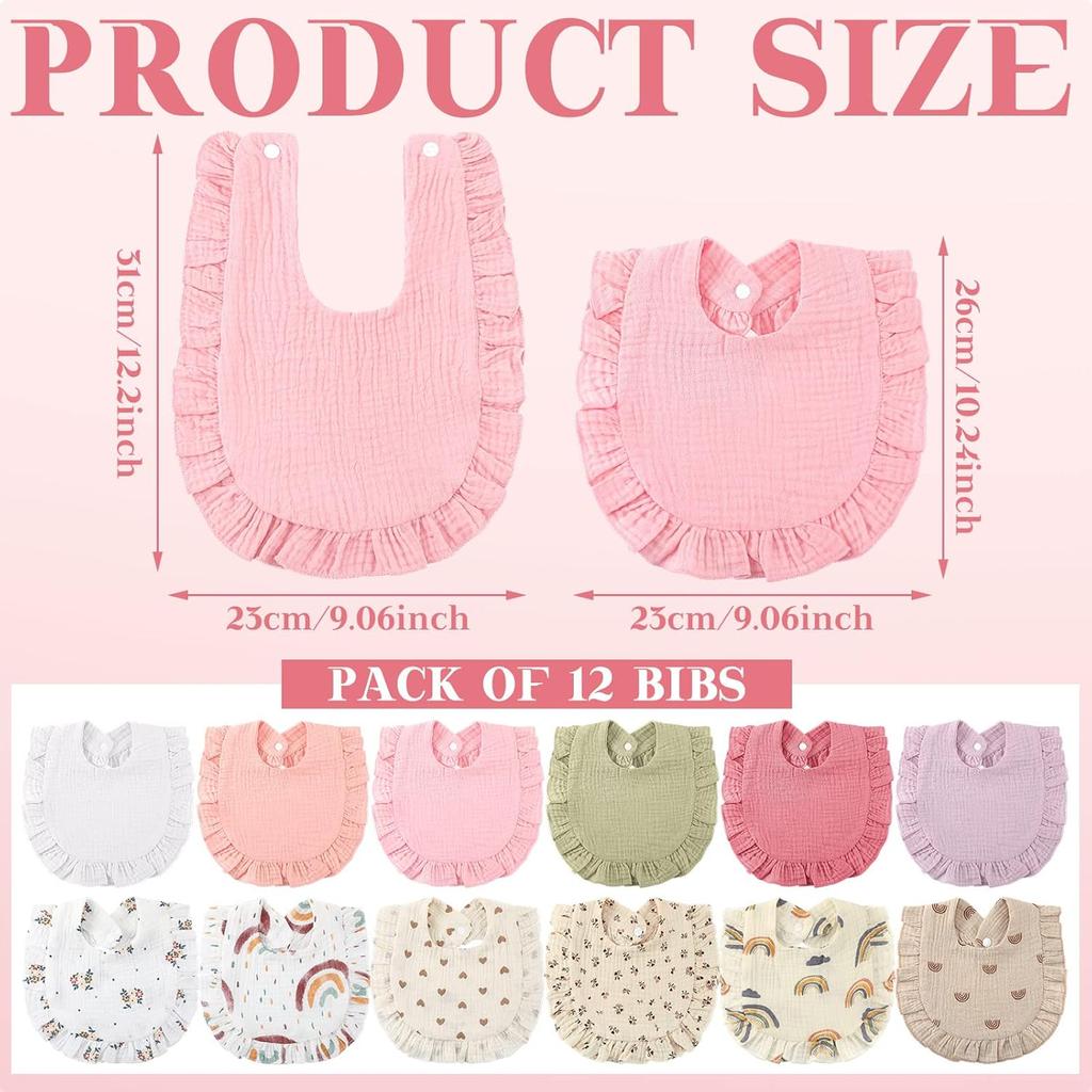 Geyoga 12 Pack Muslin Baby Bibs Adjustable Bandana Drool Bib for Unisex Cotton for Infants Boys Girls Teething