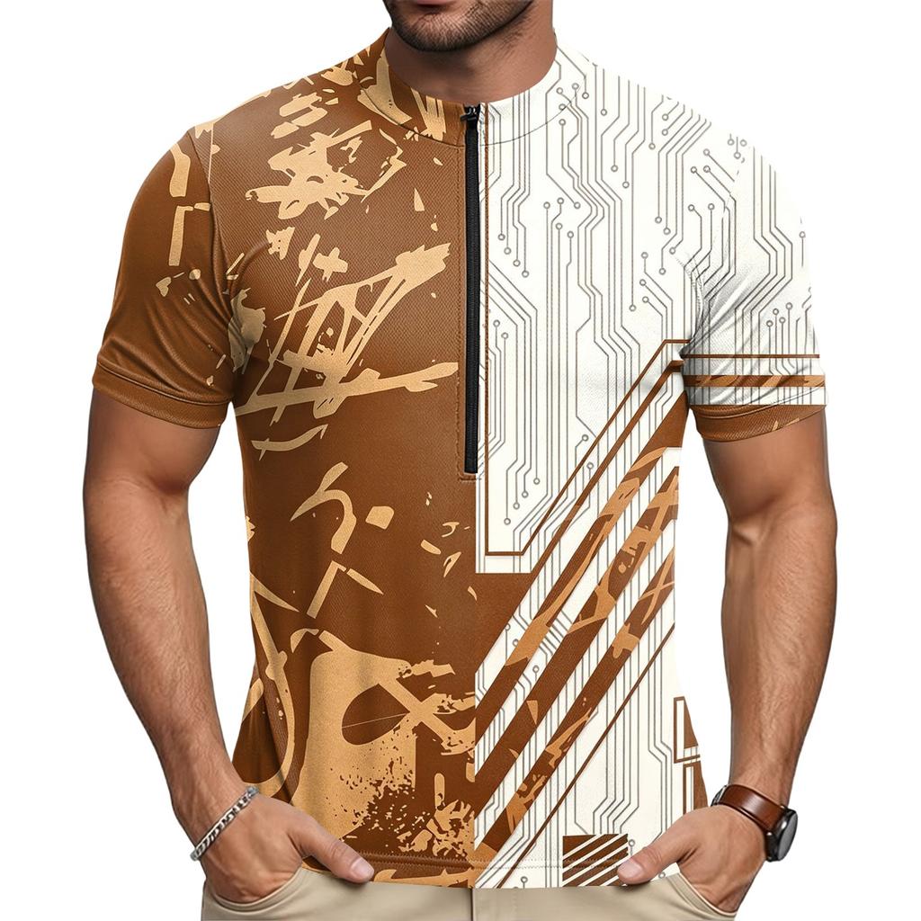 Tricou de ciclism pentru bărbați, cu gât rotund, imprimat, cu mânecă scurtă, fermoar, respirabil, cu uscare rapidă, cămașă sport pentru ciclism în aer liber