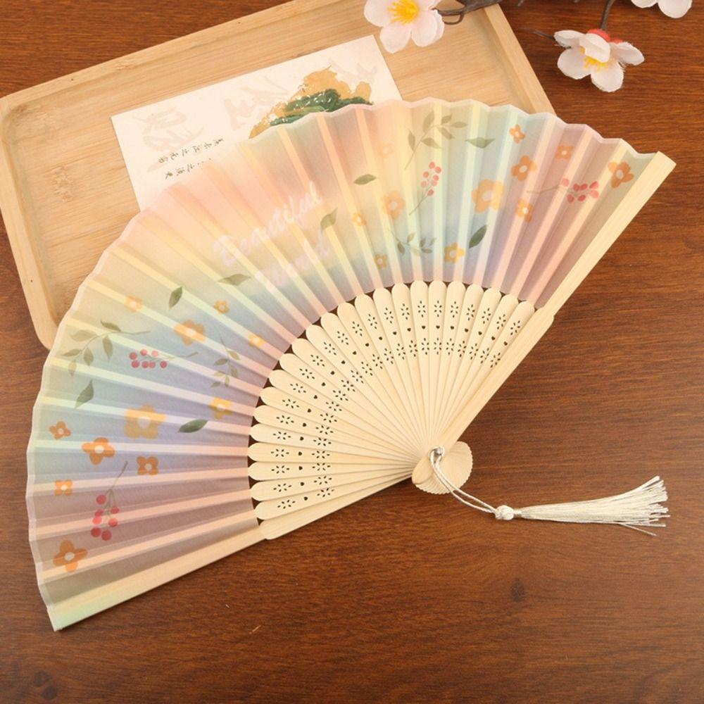 Elegant Silk Material Vintage Silk Folding Fan Chinese Style Bamboo Frame Hand Fan Vintage Dance Fan Dance Performance