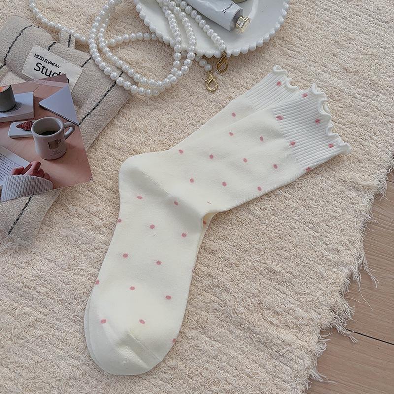 Wood Ear Edge Polka Dot Piles Of Socks, Socks, Trendy Cotton Socks, Summer Thin Ballet-Style Stockings