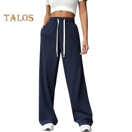 

Женские брюки с эластичной высокой талией, регулируемые на шнурке, прямые широкие брюки с карманами, однотонные повседневные брюки S темно-синий
