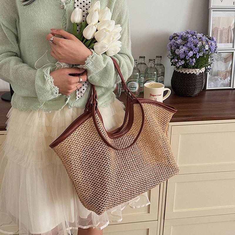Straw Woven Tote Bag For Women Koreanstyle Large Capacity Beach Shoulder Bag With Pu Leather Trim Casual Commute Soft Handbag