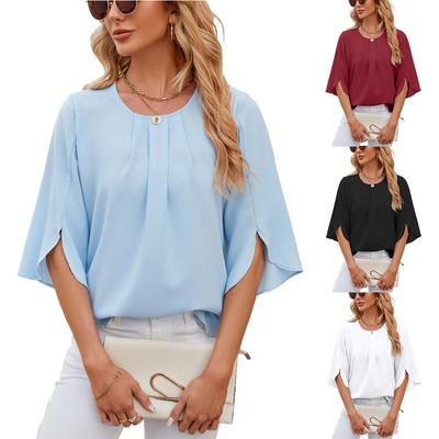 Women's Solid Color Crew Neck Loose Chiffon Blouse, Mid Sleeve Casual Top for European and American Leisure Summer Outfits