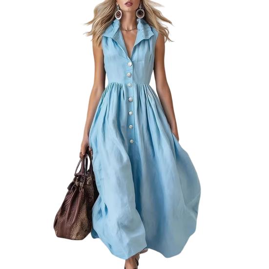 

Летнее макси-платье-рубашка для женщин Без рукавов На пуговицах Лацкан Длинное платье Для пляжного отдыха А-силуэт Легкое летнее платье с карманами S небесно-голубой