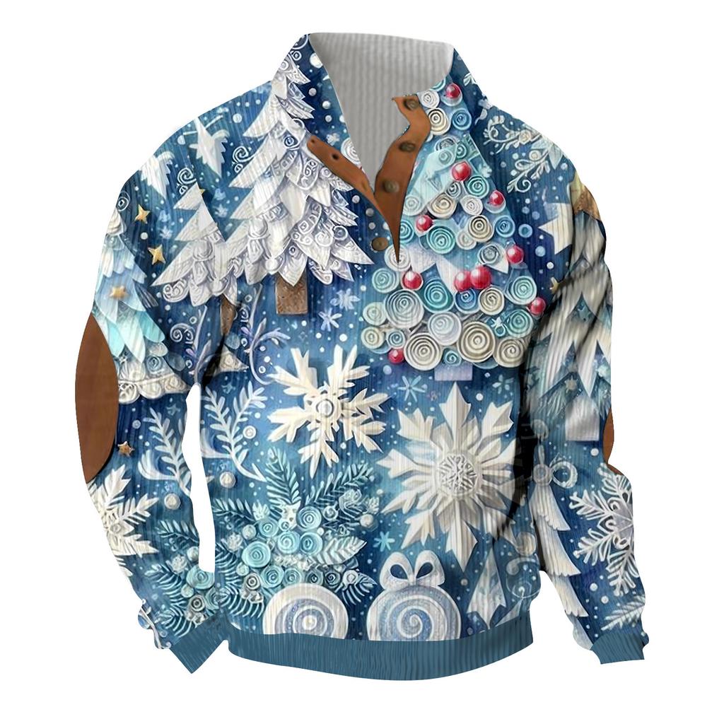 Christmas Print 3-button - Men's Stand Up Collar Sweatshirt, Outdoor Casual Hoodie With Buckle