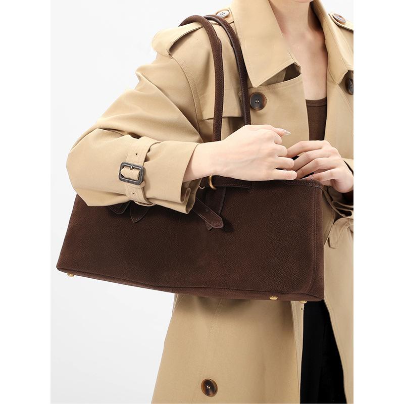 Niche Suede Leather Bag, Women's Retro Large Capacity Handbag, Simple Commuting Shoulder Bag, Tote Bag