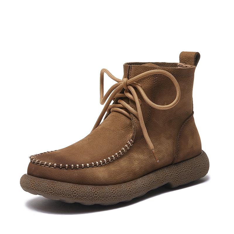 Johnature Retro Women's Ankle Boots Thick Soled Genuine Leather Lace Up Handmade Cowhide Short Boots
