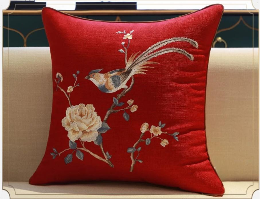 Chinese Style Embroidery Throw Pillow Cover Yellow Linen Cushion Cover with Peony & Bird Pattern for Sofa Home Decor