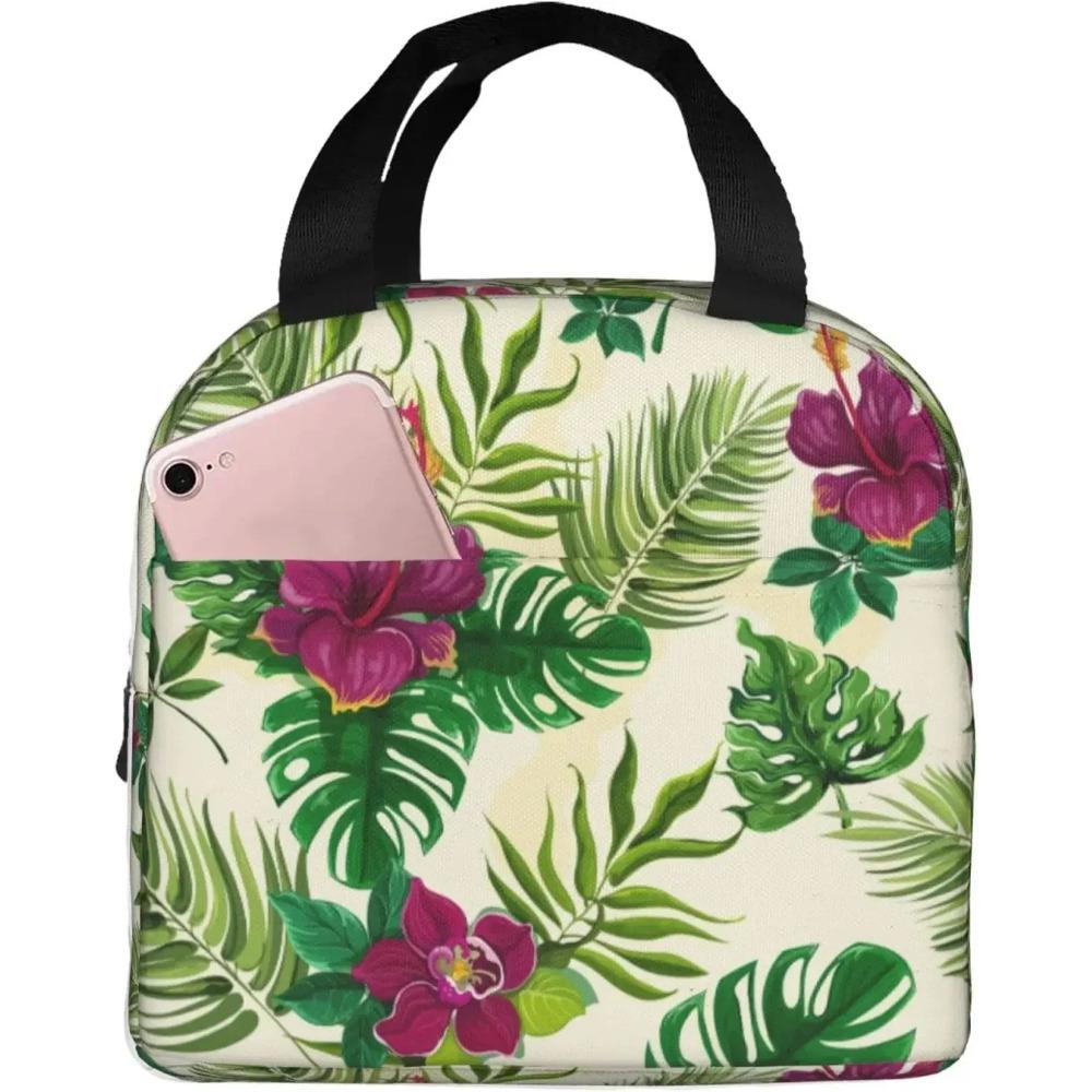 Red Hibiscus Large Insulated Lunch Bag Blue Tropical Leaves Hawaii Floral Lunch Box for Boys Girls Men Women Work Shcool Picnic