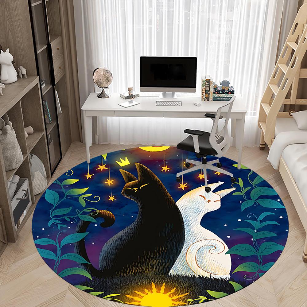 1pc Night Cats Office Round Area Rug, Indoor Mat Suitable ForOffice, Under Office Chairs Bedroom Living Room Home Decor, Room Deco T036