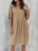 Women Loose Casual Cotton Linen Pleated Pocket Dress Short Sleeve Round Neck