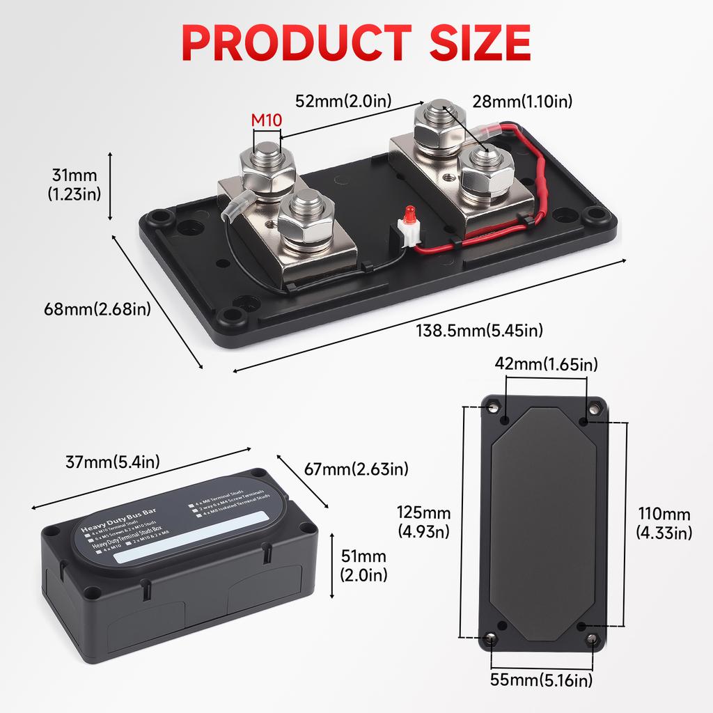 M10 4 Terminal Power Distribution Block Bus Bar 12-48V 750A for Automobile Boat RV Screw Terminal Power Distribution Block