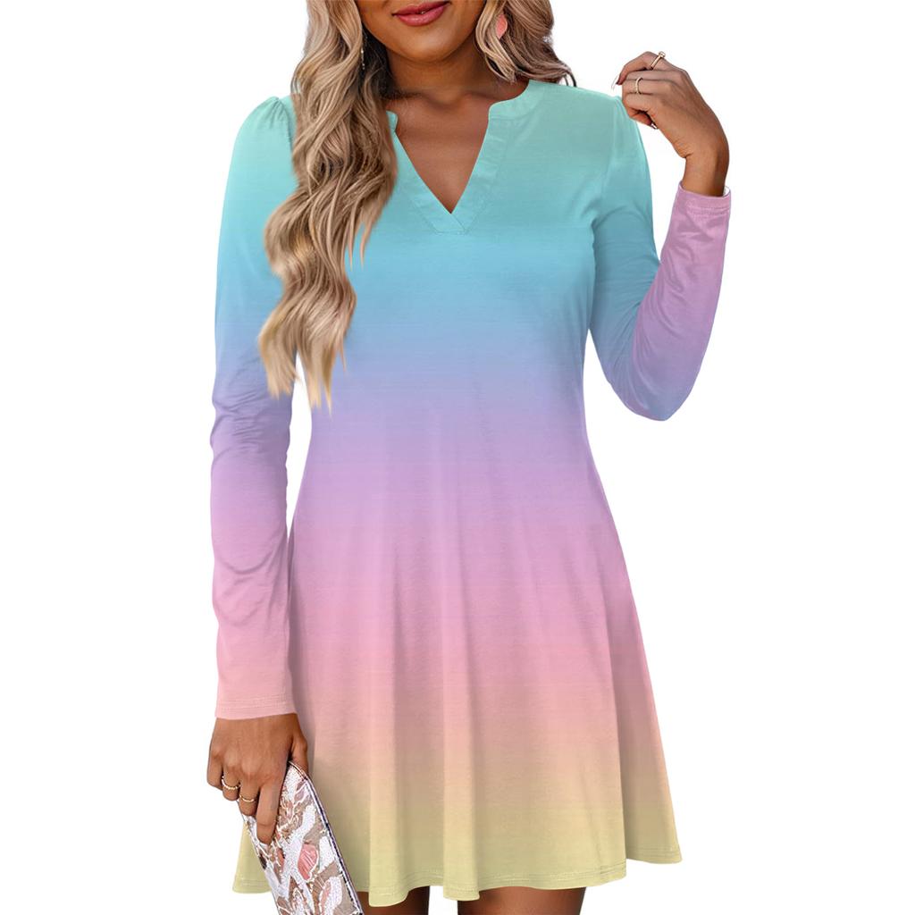 Women's Fashion Gradient V-neck Long Sleeve Dress