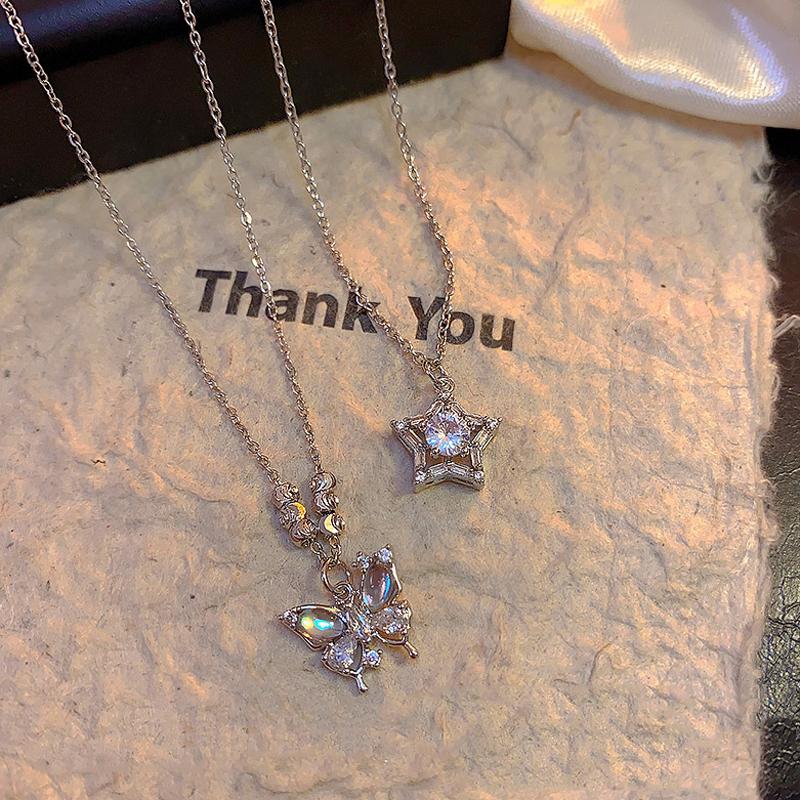Zircon Butterfly Star Pendant Necklace for Women Exquisite Sweet Stainless Steel Collarbone Chain Casual Versatile Jewelry Gift