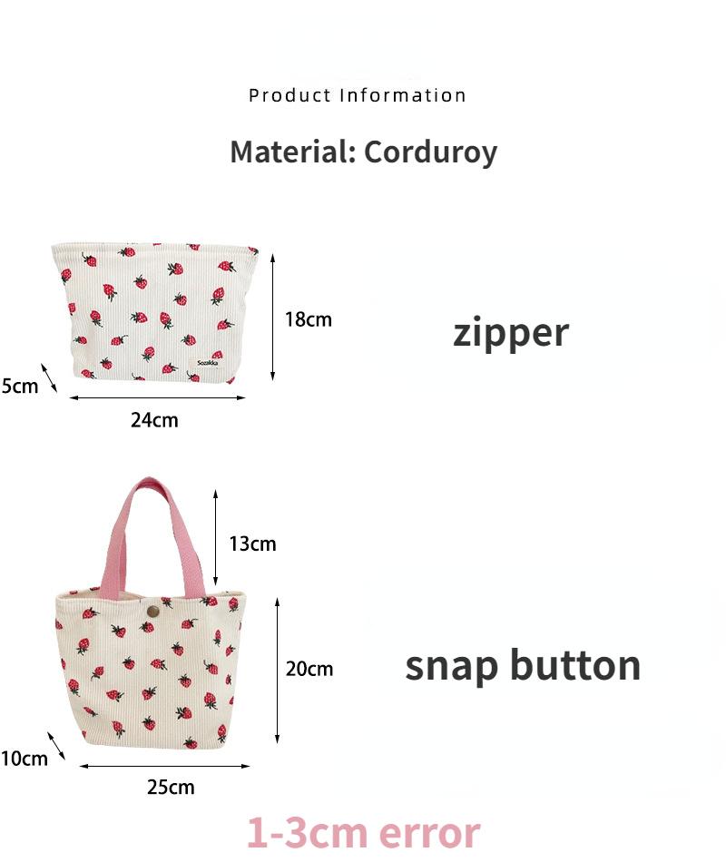 Lovely Strawberry Women's Cosmetic Bag Retro Corduroy Female Travel Bento Shoulder Bags Simple Portable Ladies Storage Handbags
