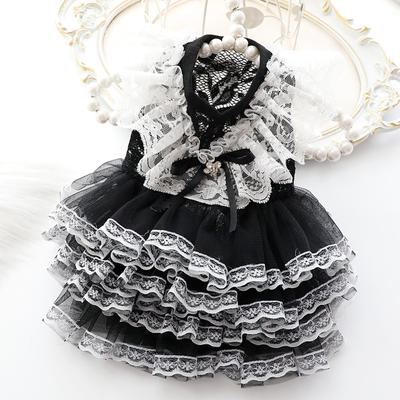 Dog Clothes Spring and Summer Thin Cat Princess Dress Black Lace Dress Hand-made Small Dog Pet.