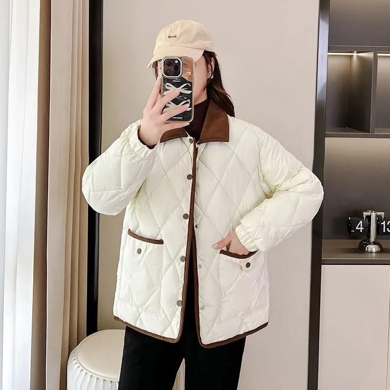 Women's Tweed Cotton Coat PU Leather Surface Versatile Loose Fit Color Autumn Winter Jacket