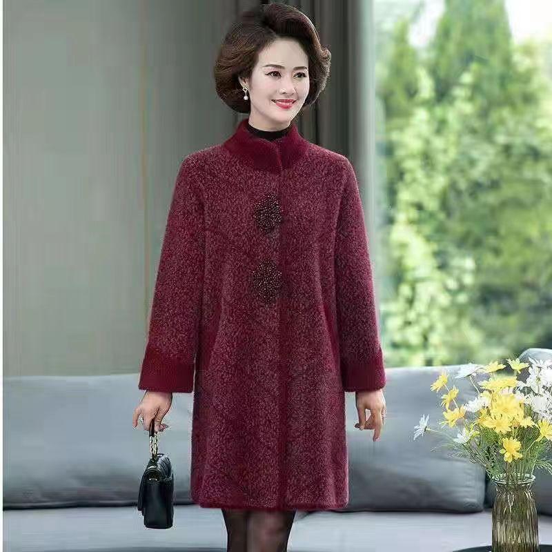 Mother's Long Loose Cardigan Woolen Coat In Autumn and Winter Imitation Mink Velvet Coat for Middle-aged and Elderly Women