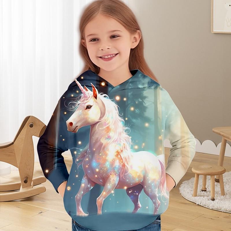 Moletom com capuz unicórnio 3D para meninas, manga comprida, estampa 3D, outono inverno, moda ativa, fofo, crianças de 3 a 12 anos, casual, diário, ajuste regular
