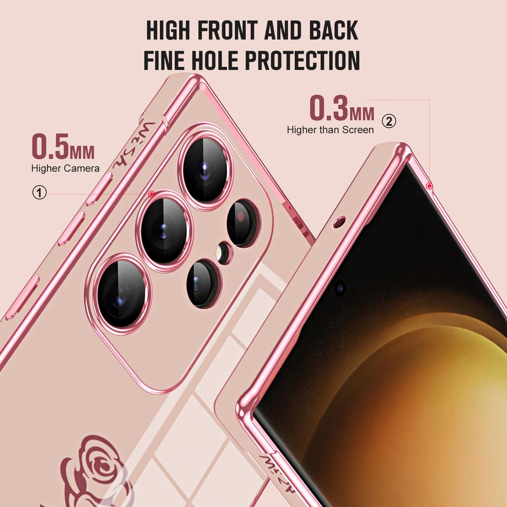 For Samsung Galaxy S25 Ultra Case Electroplating Edge Rose Pattern TPU Phone Back Cover Airbag Drop Proof
