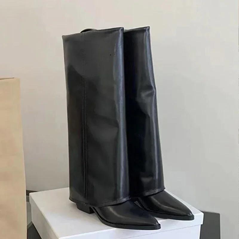Fashion Knee High Heels Women Boots Leather Chunky Fashion Shoes Pointed Toe Snow Long Boots New Designer Pumps