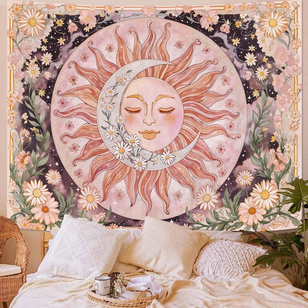 Hippie Witchy Moth Tapestry, Moon Mushroom Aesthetic Floral Wall Art, Mystic Moon Phase Decor For Living Room Bedroom Home