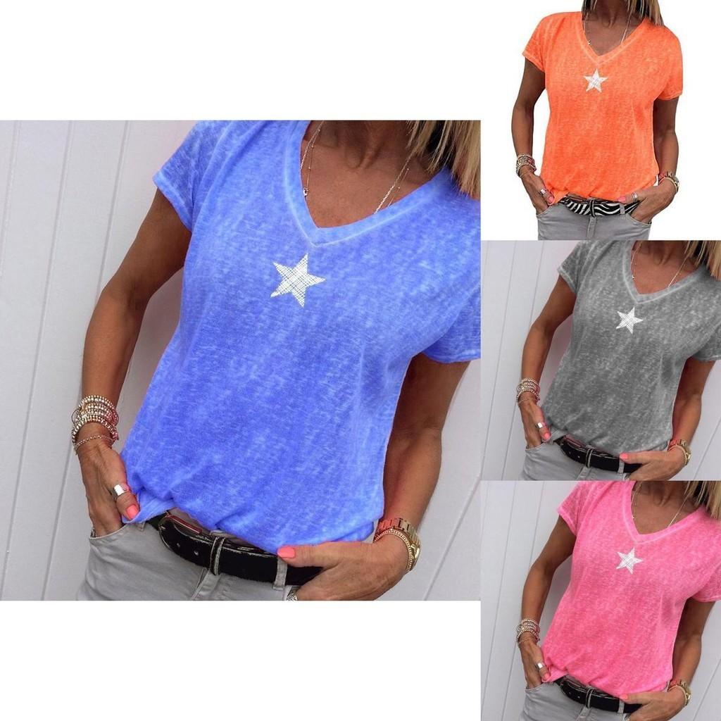 Stilvolles Damen V-Ausschnitt T-Shirt Lässig Locker Stern Sommer Shirts Einfarbig Kurzarm Perfekt für Outdoor-Aktivitäten