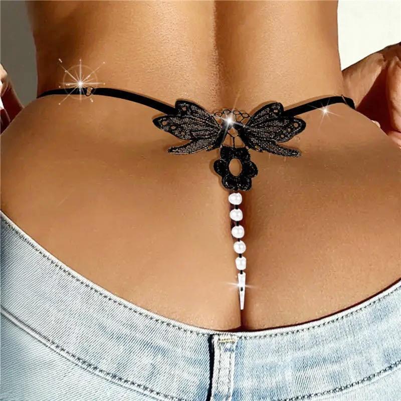 Sexy String Panties Women Lace Butterfly G-Strings T-Back Thong Transparent Lingerie Cute With Pearls Panty Female Lingerie