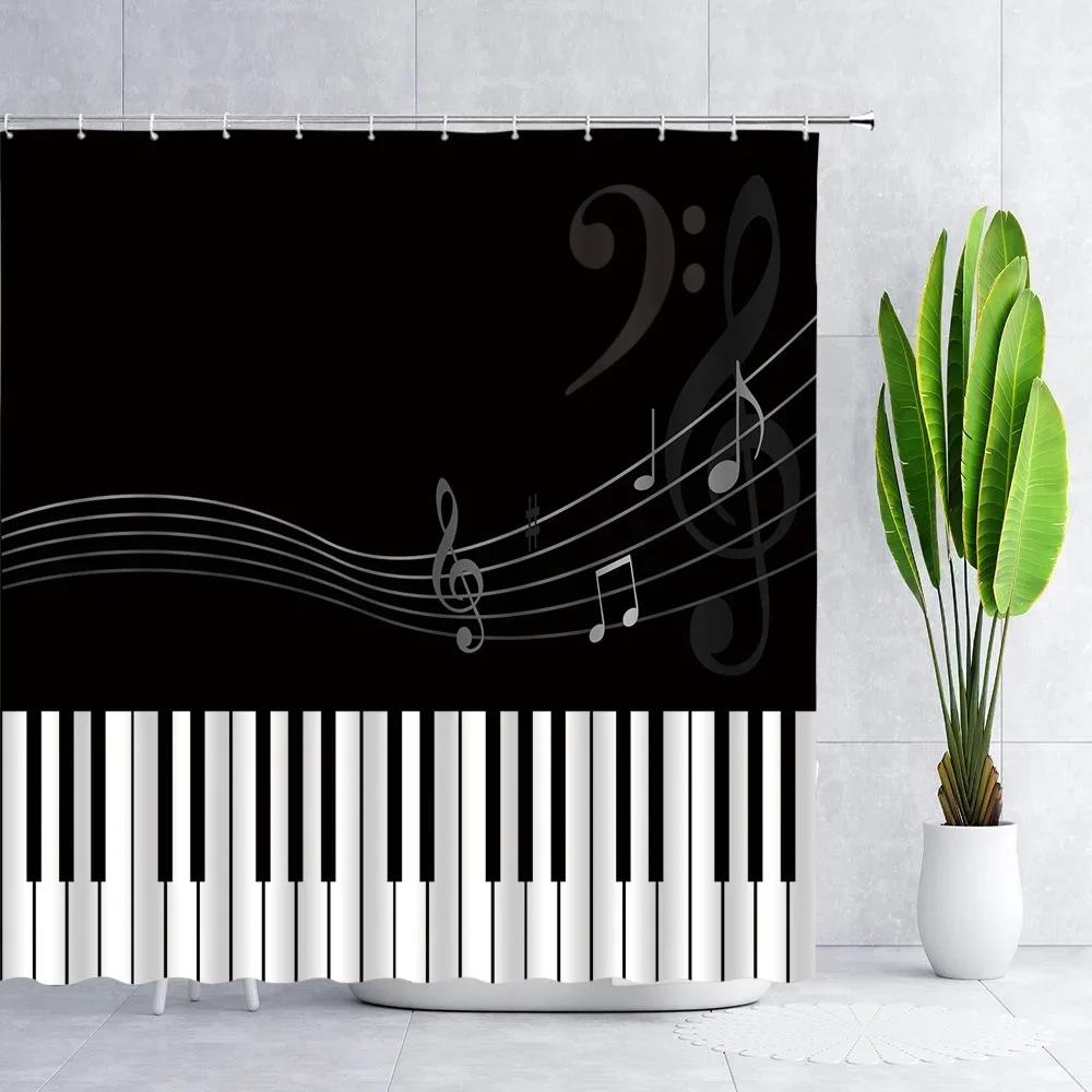 Music Shower Curtain,Black And White Music Notes Bathroom Shower Curtains Polyester Fabric Fashion Gray Bathroom Set With Hooks