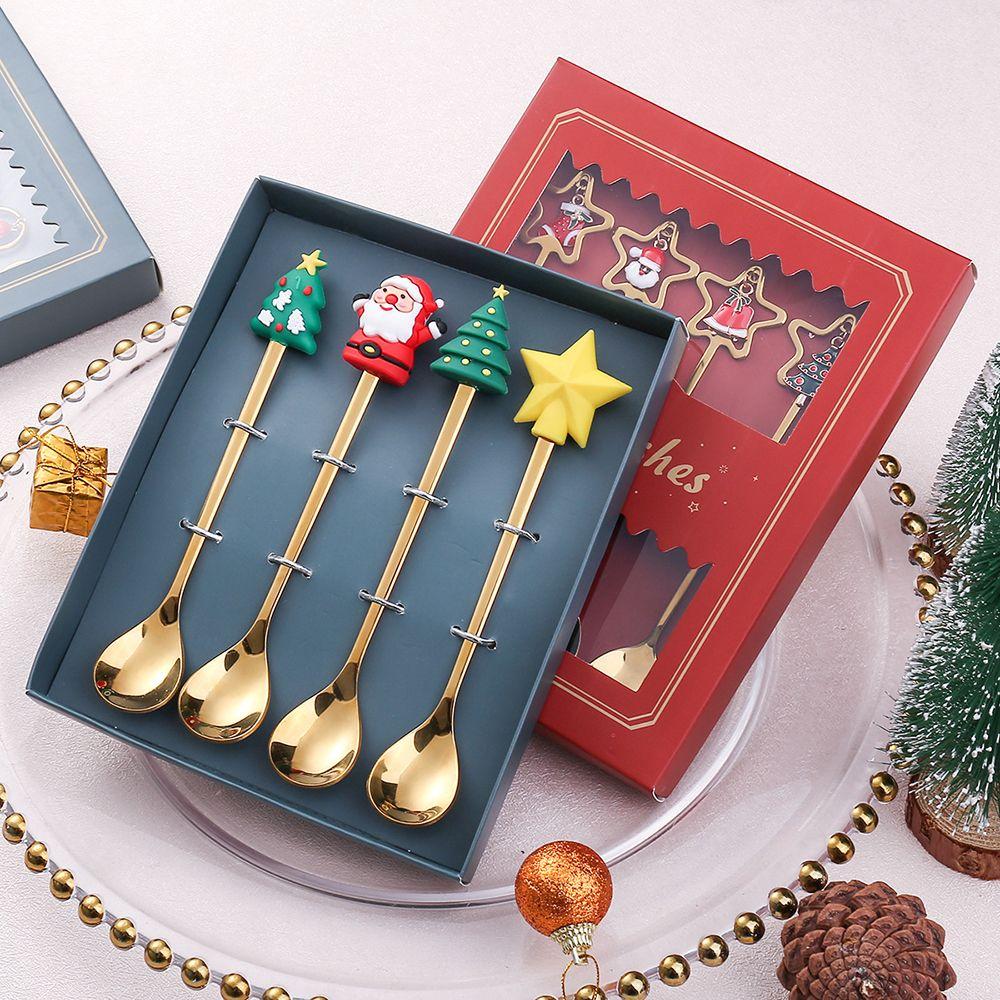 

4PCS with Gift Box Stainless Steel Desserts Christmas Spoon Coffee Scoops Xmas Tree Santa Claus