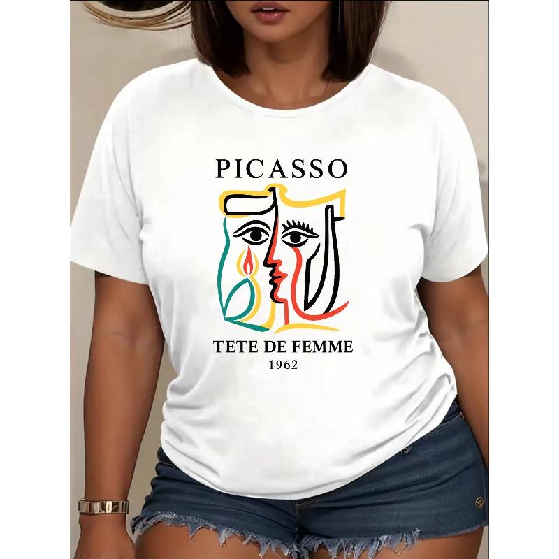 Women's Picasso Cubist Portrait T-Shirt - Iconic Artist Style Short Sleeve Round Neck Casual Top, Cubism Artwear for Spring Summer Fall,