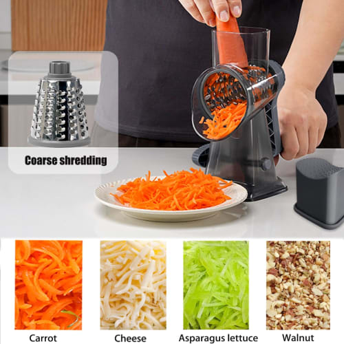 Rotating Cheese Grater/Shredder with Handle, Handheld Round Mandolin, Vegetable Slicer, Carrot Shredder, Nut Grinder with 3 Replaceable Stainless Stee