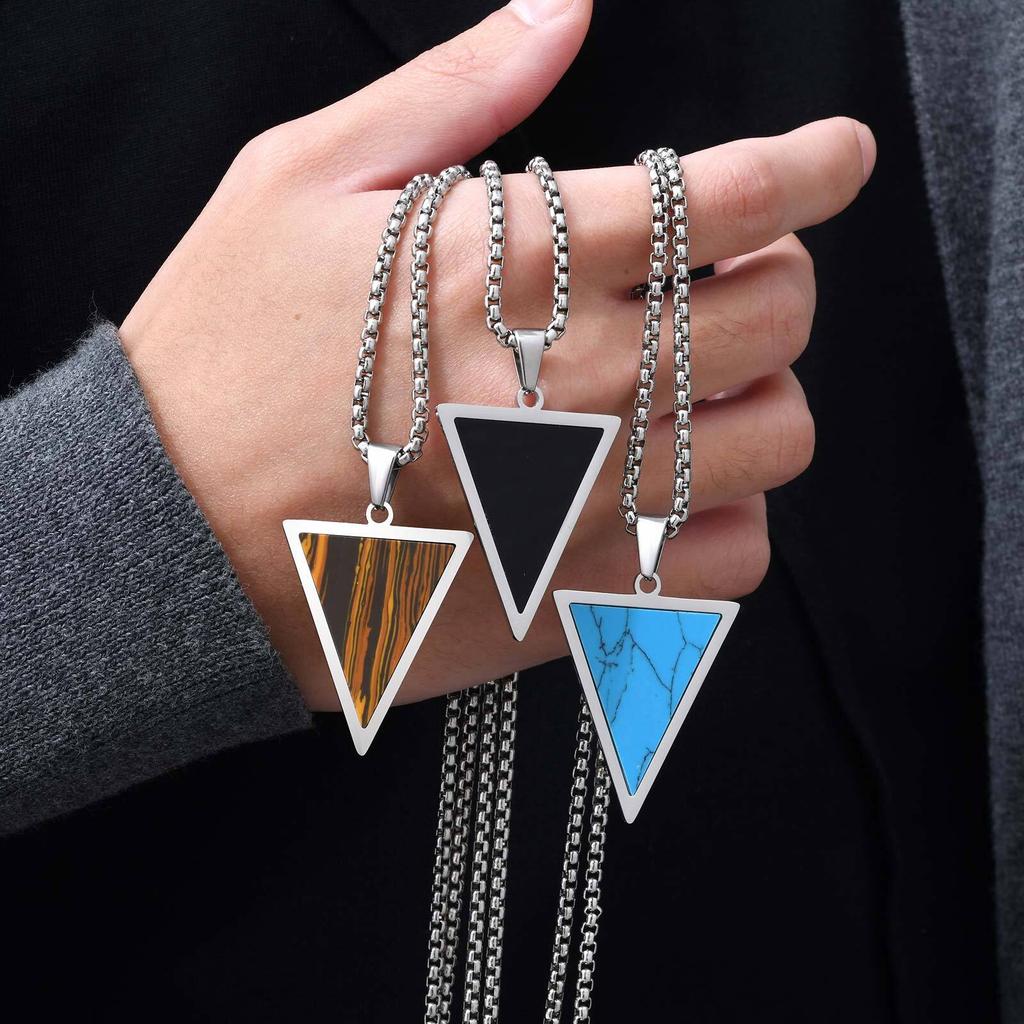 Geometric Pendant Necklace for Men Boys,Stainless Steel Inverted Triangle Natural Stone Collars,Trendy Jewelry Gifts