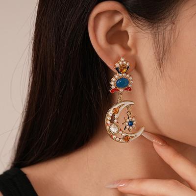 Medieval Style Sun&Moon Earrings Minority Design Crystal Earrings Elegant Dangle Earring  Banquet