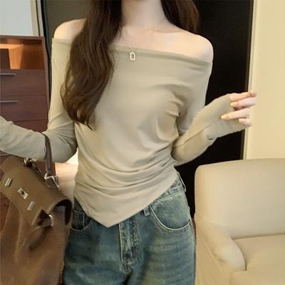 Irregular Design One-line Collar Long-sleeved T-shirt for Women Spring and Autumn New Hot Girl Pleated Slim Bottoming Top