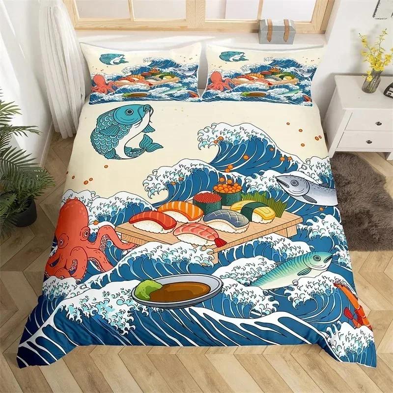 Japanese Ukiyoe Bedding Set White Fox Blossoms Floral Duvet Cover Polyester Galaxy Exotic Animal Comforter Cover Twin Queen Size