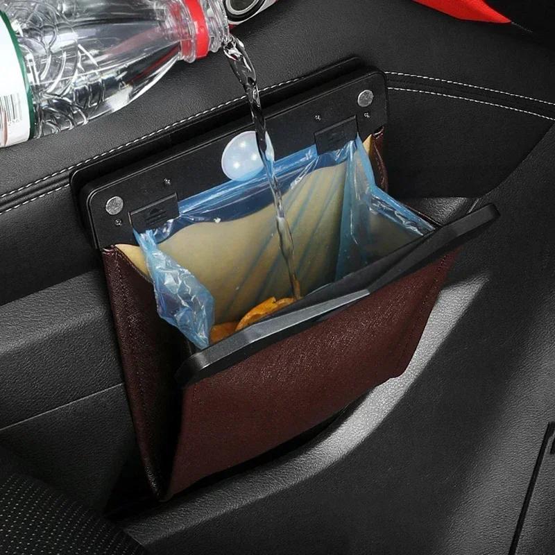 Car Trash Bin With LED Leather Waterproof Garbage Bag Back Seat Hanging Leather Storage Pocket Car Organize Interior Accessories