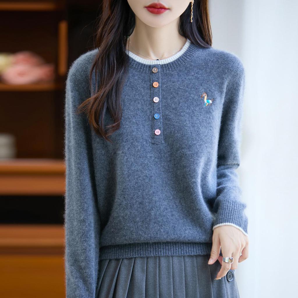 Women's 2025 Autumn/Winter 100% Wool Embroidered Sweater with Round Neck and Colorful Buttons