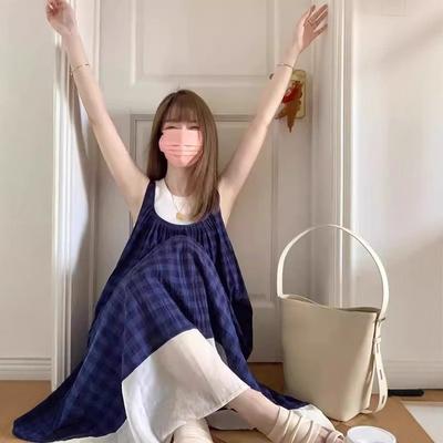 Blue Plaid Suspender Dress Women's Summer French Temperament Small Salt Sweet Vest Big Pendulum Long Skirt